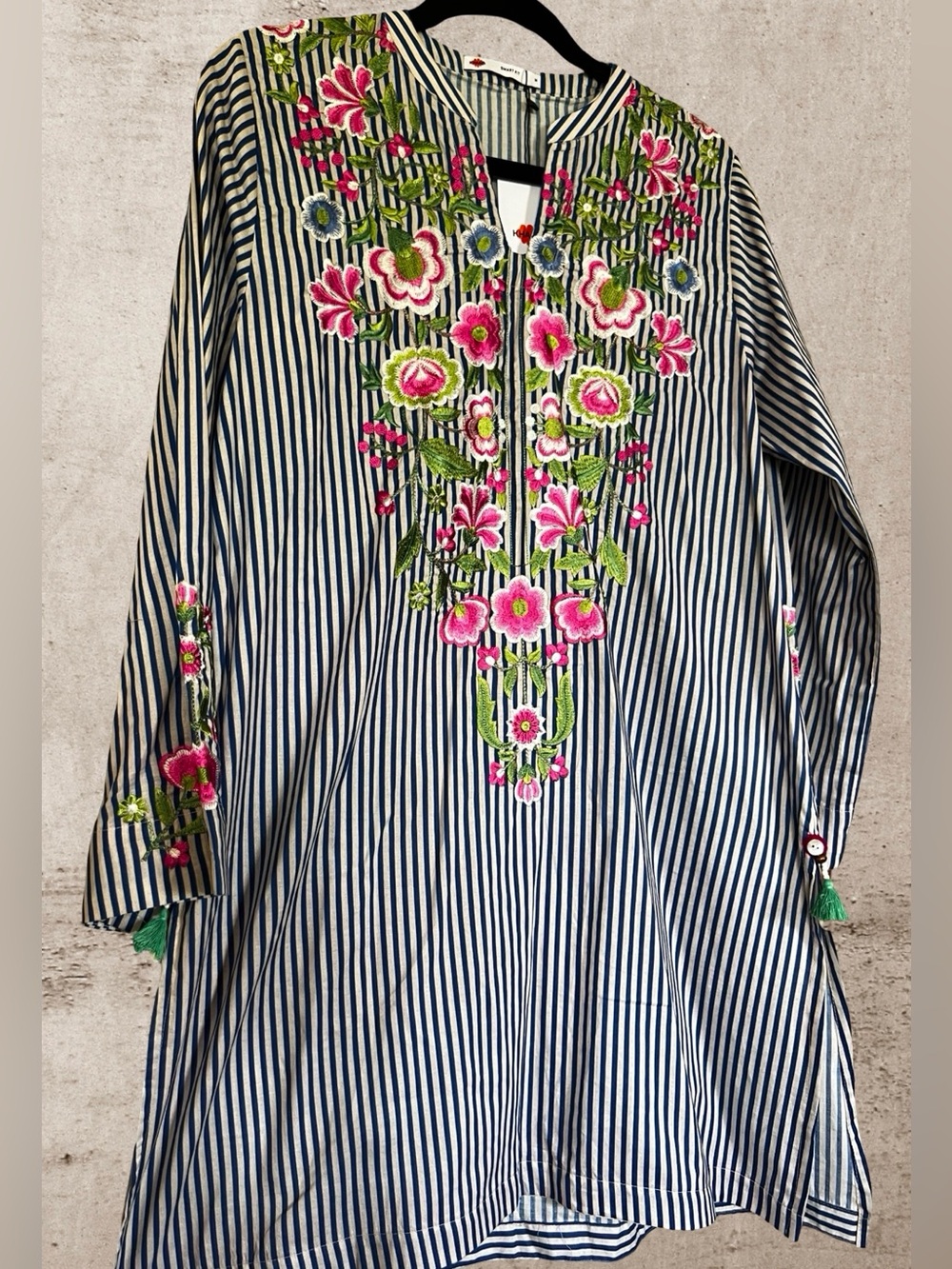 NWT Khaadi Embroidered Striped Kurta Tunic – Boho Floral Split-Neck Top